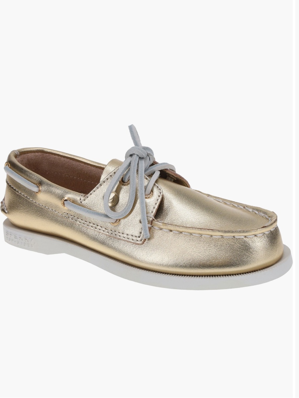 Sperry Kids Metallic Gold Boat Moccasins with Light Gray Laces